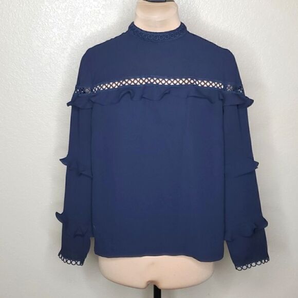 J.crew 6 Navy Blue Tiered Ruffle Top with Scalloped Lace Trim - Picture 1 of 8